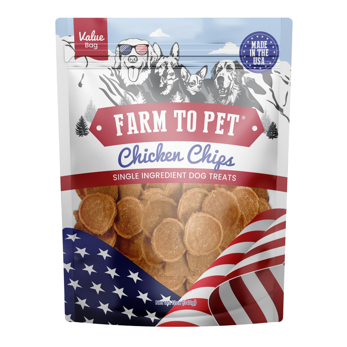 Farm To Pet chicken chips close-up; lean, single-ingredient treats for dogs' training