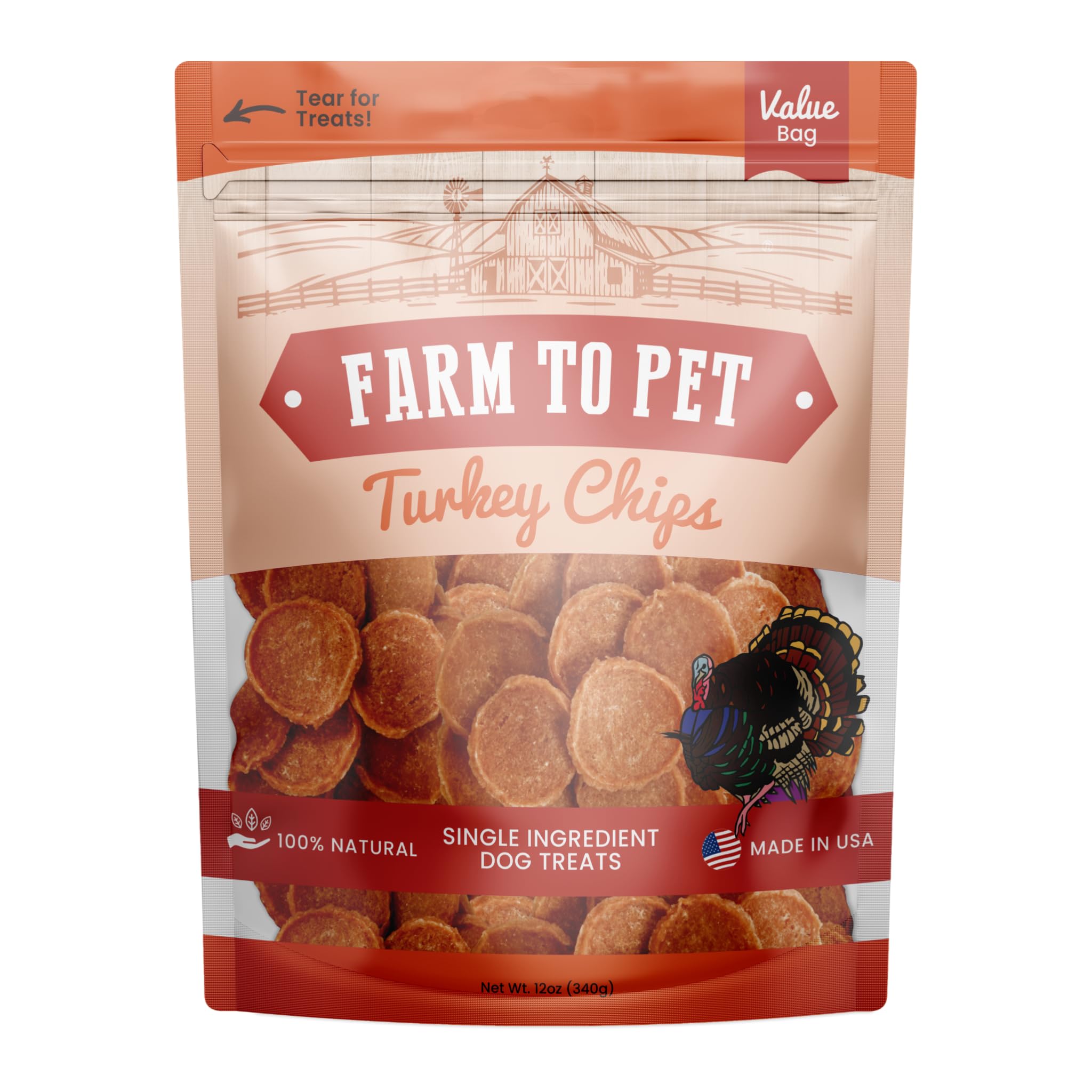 Farm To Pet dog training treats packaging showing turkey chips for training.