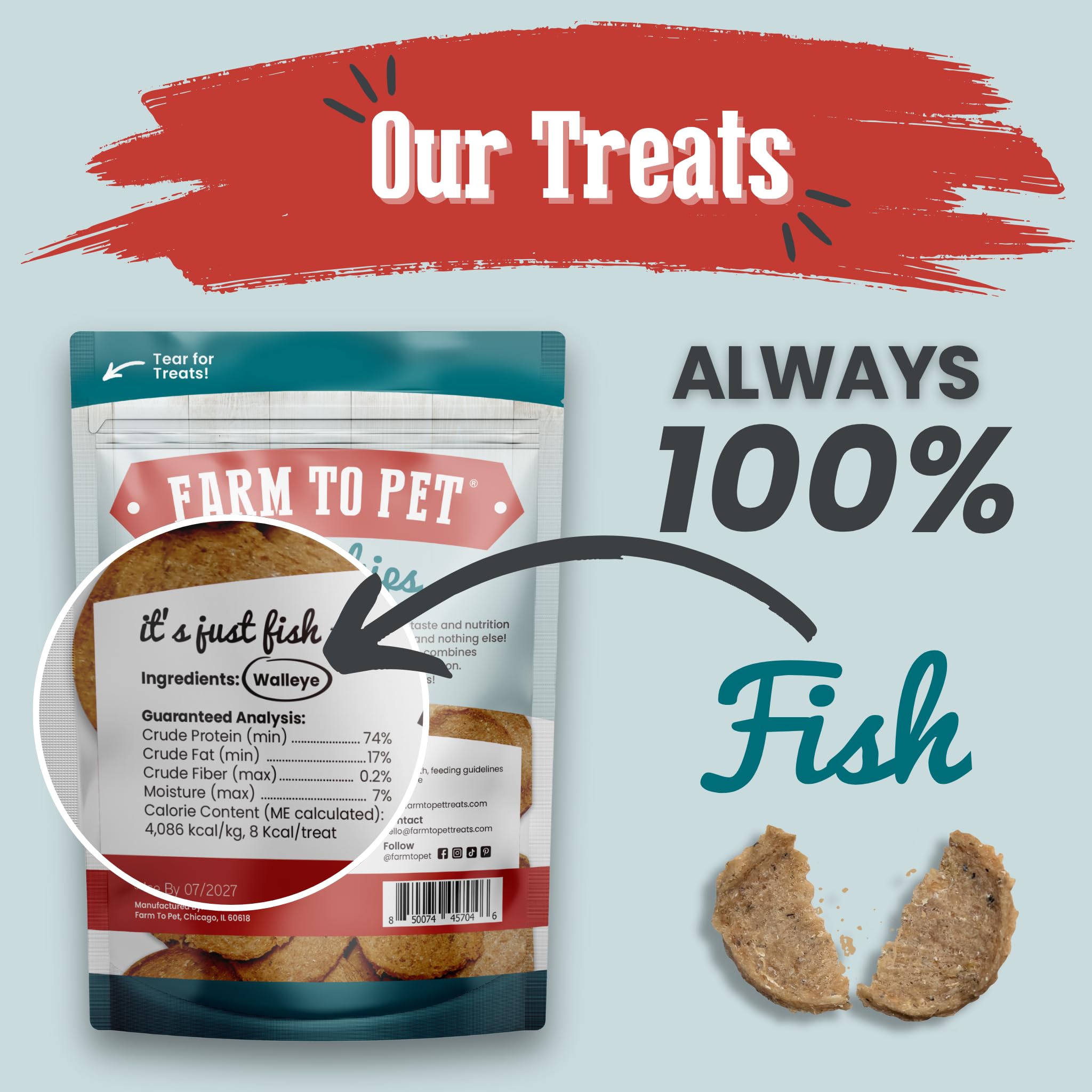 Farm To Pet single-ingredient walleye chip, crunchy, low-fat snack.