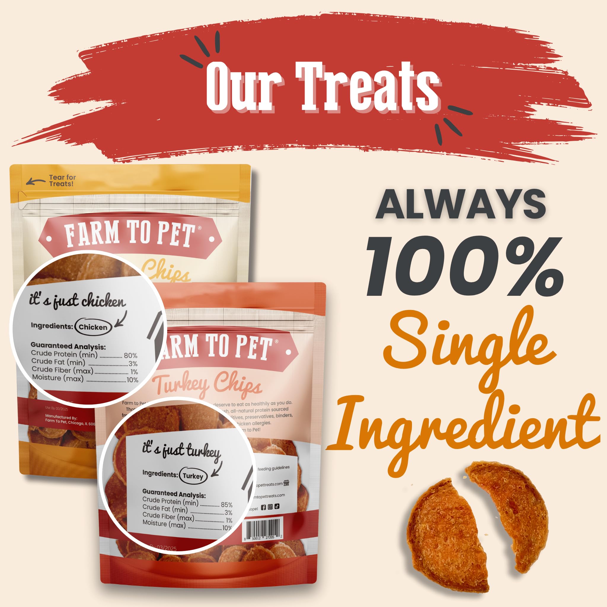 Farm To Pet turkey chip treat offers savory flavor and low fat.
