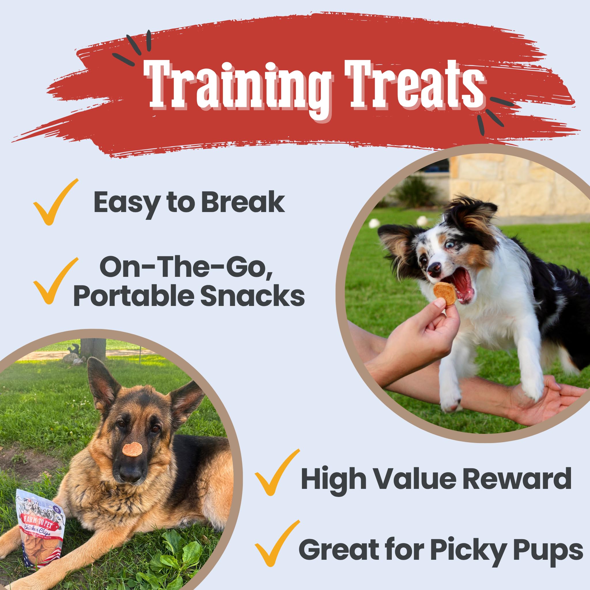 Farm To Pet USA-made label on bag; supporting local farms and quality dog treats