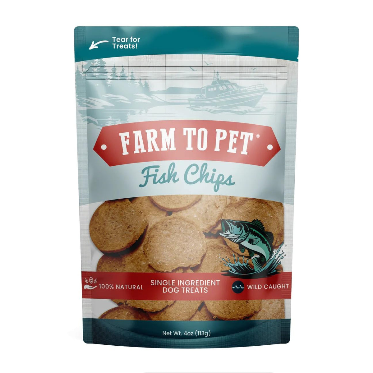 Farm To Pet walleye fish chips bag closeup, ideal for daily training rewards.
