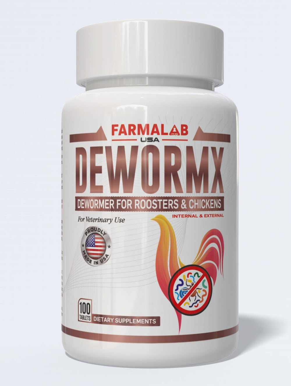 Farmalab Natural Dewormer tablet container shown with birds and chicks.