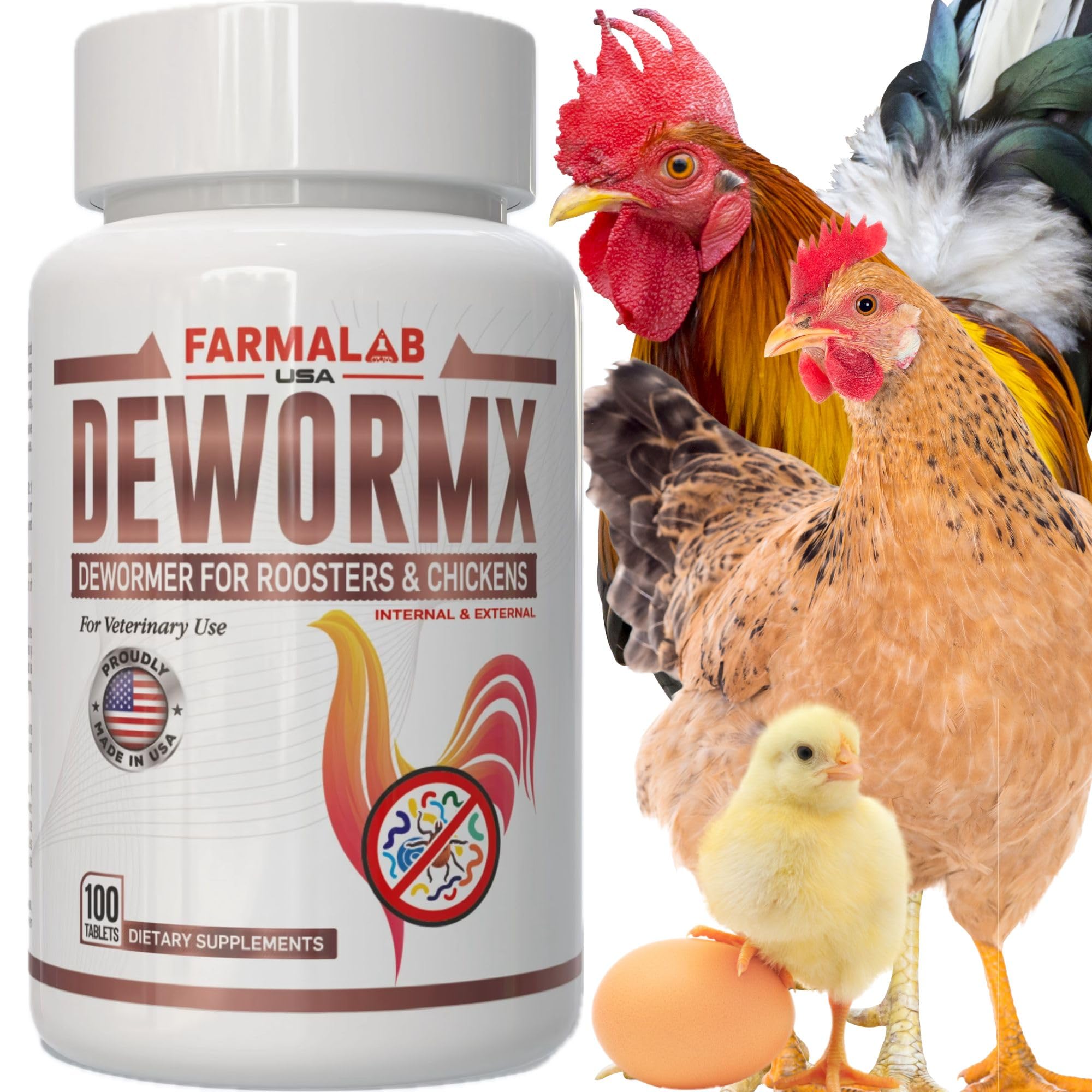 Farmalab Natural Dewormer bottle with 100 tabs for poultry care.
