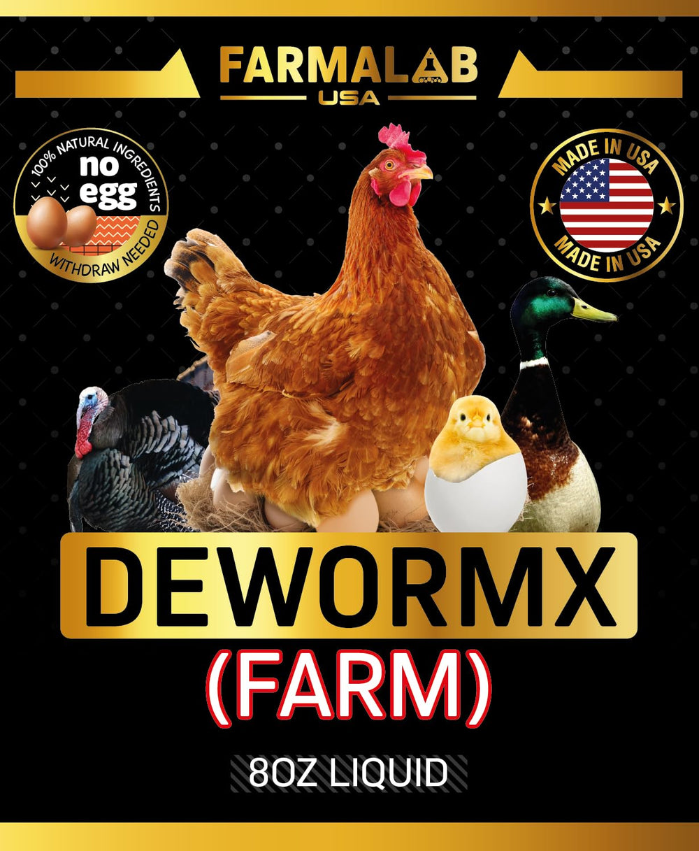 Farmalab natural dewormer bottle front, clear dosing-ready packaging for poultry.