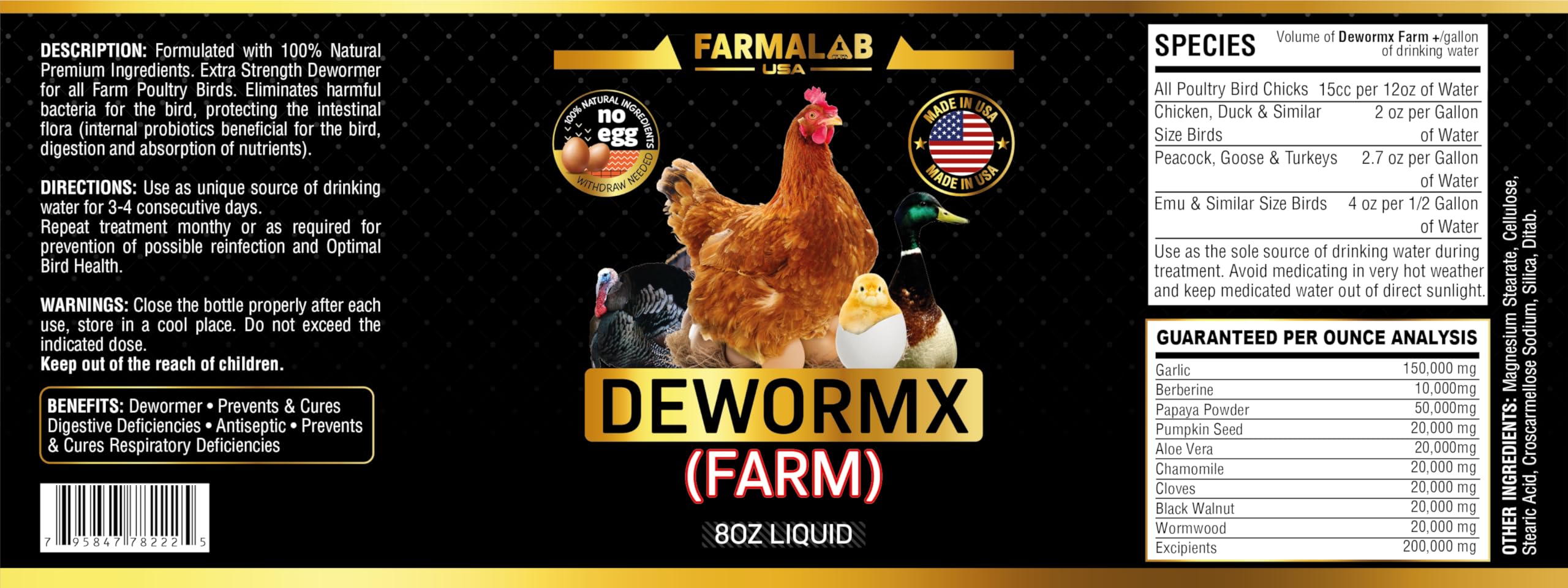 Farmalab natural dewormer ingredients label, transparent formula details.