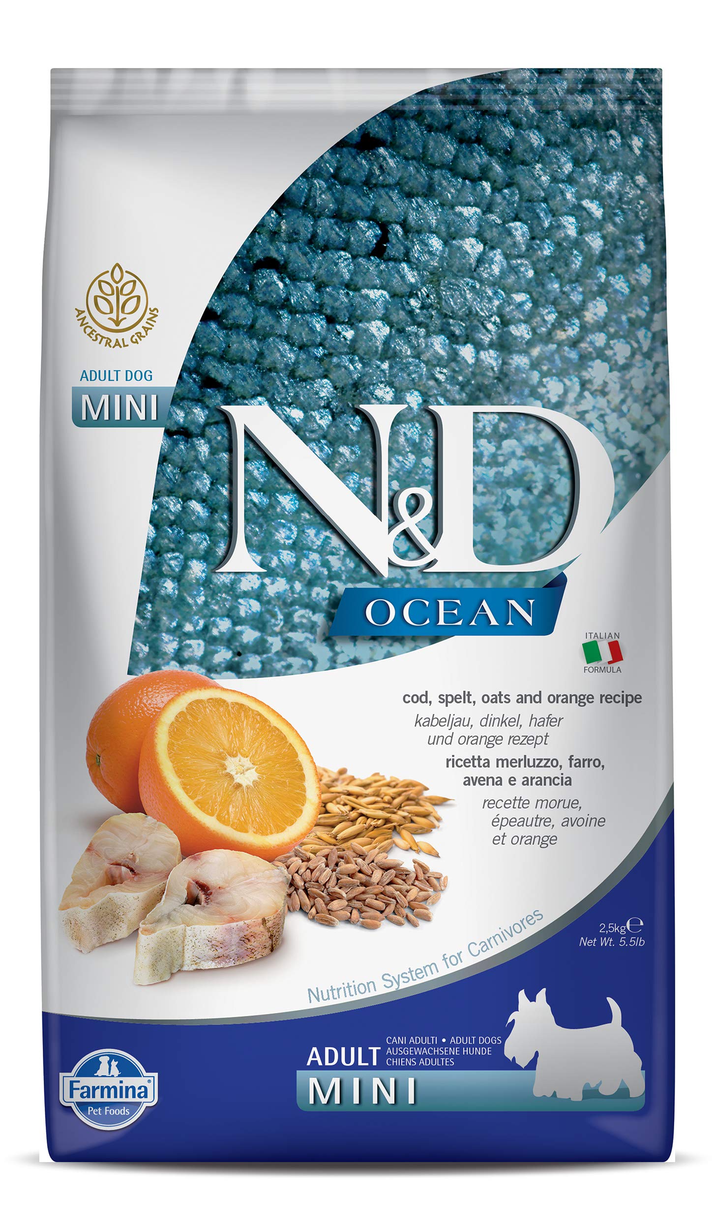 Farmina Cod Spelt Oats Orange Adult Mini kibble close-up for balanced meals.