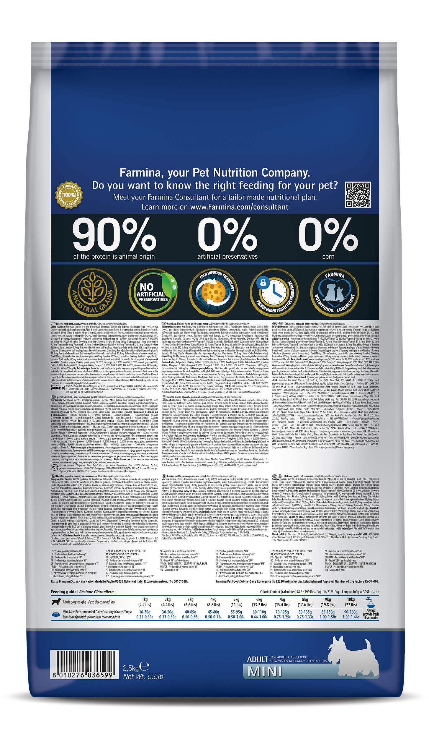 Farmina Cod Spelt Oats Orange Adult Mini packaging highlighting natural ingredients.