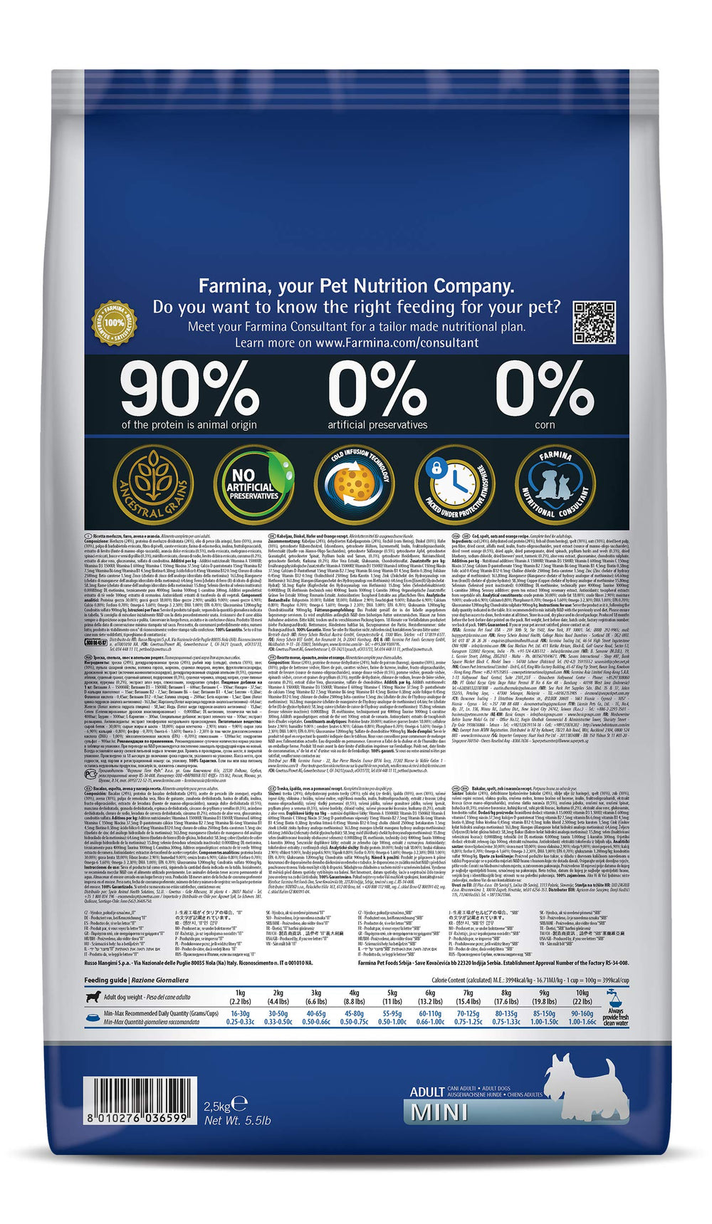 Farmina Cod Spelt Oats Orange Adult Mini packaging highlighting natural ingredients.