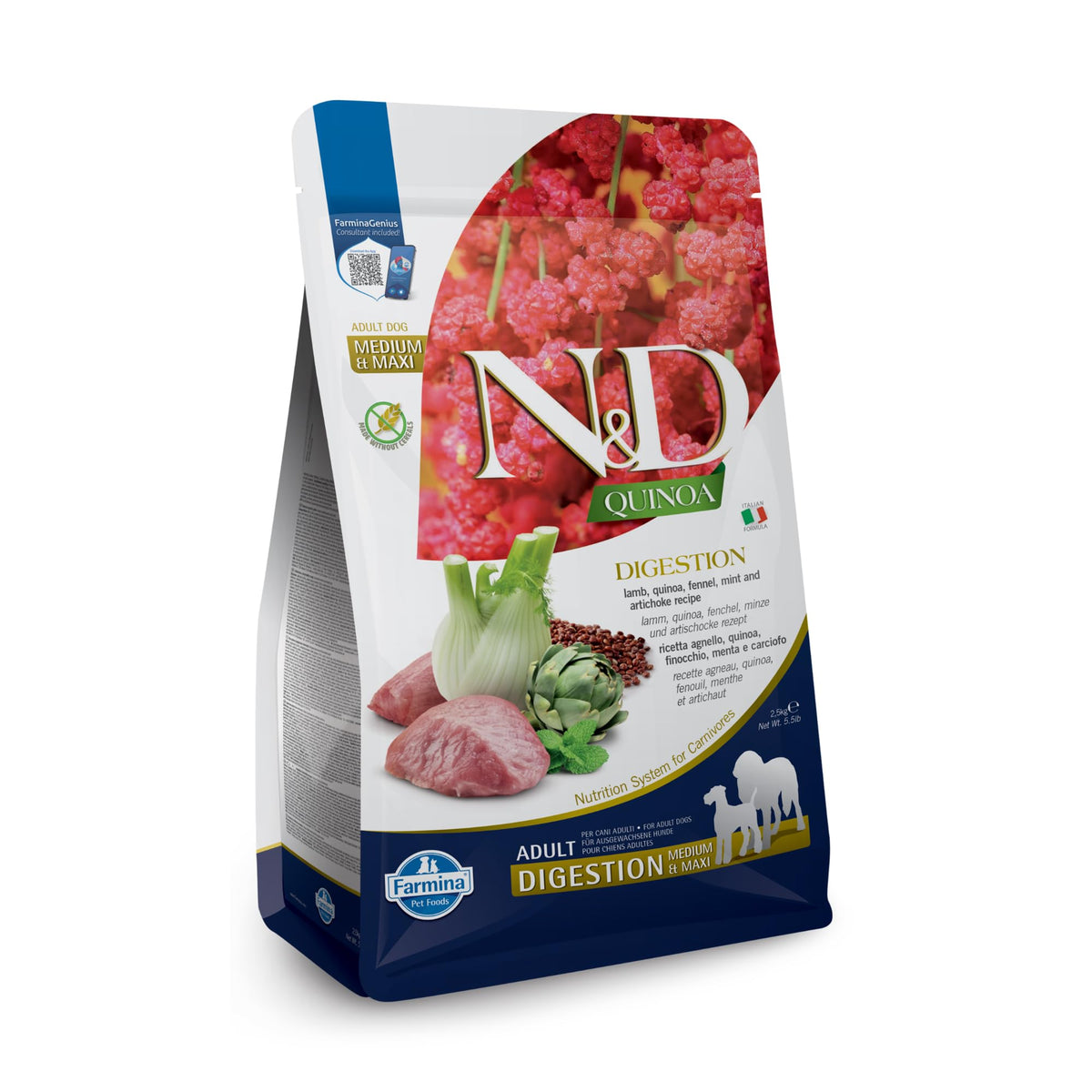 Farmina Digestion Lamb bag close-up highlighting natural ingredients for adult dogs