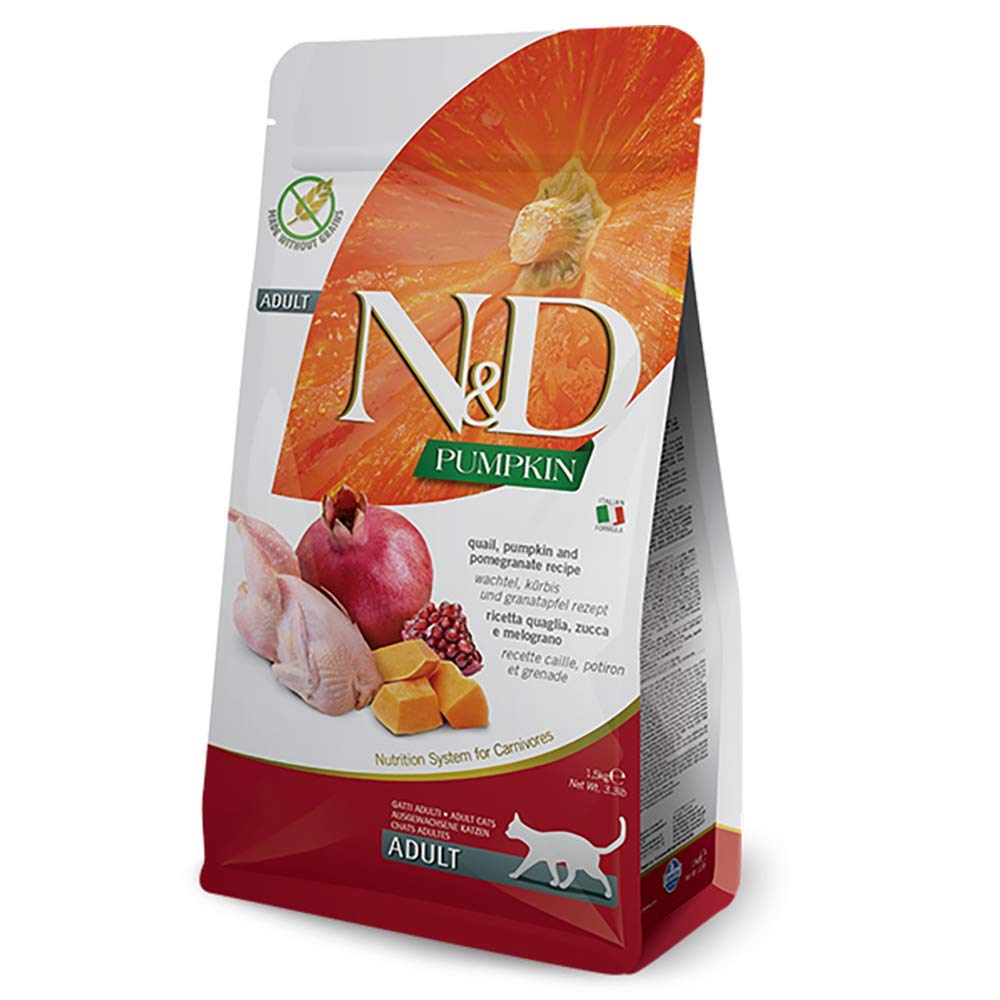 Farmina N&D kibble close-up showing pumpkin-quail blend for adult cats