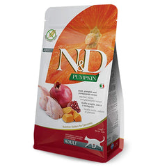 Farmina N&D kibble close-up showing pumpkin-quail blend for adult cats