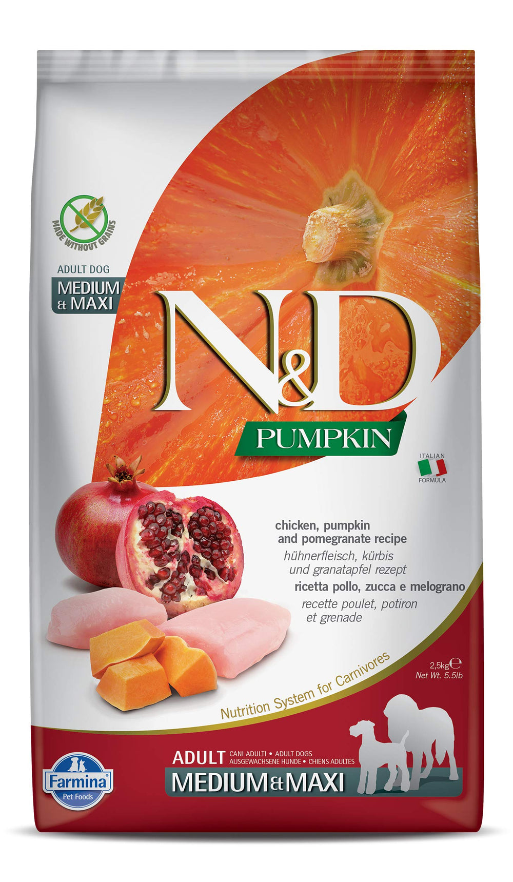 Farmina Natural & Delicious grain-free kibble closeup with chicken pieces for digestion