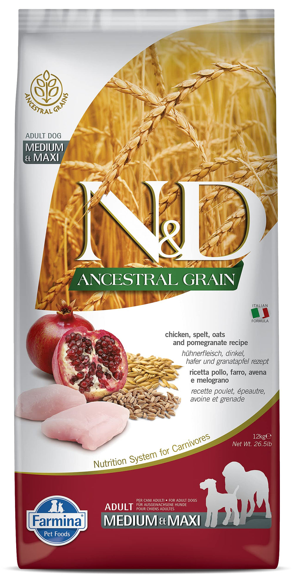 Farmina Natural & Delicious low-grain chicken dog food bag with premium packaging.