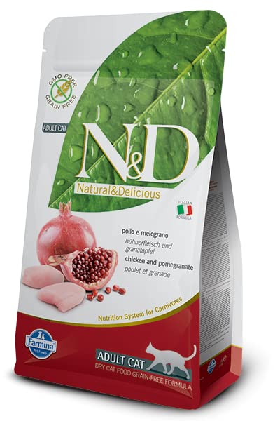 Serving bowl with Farmina N&D dry cat food ready to eat