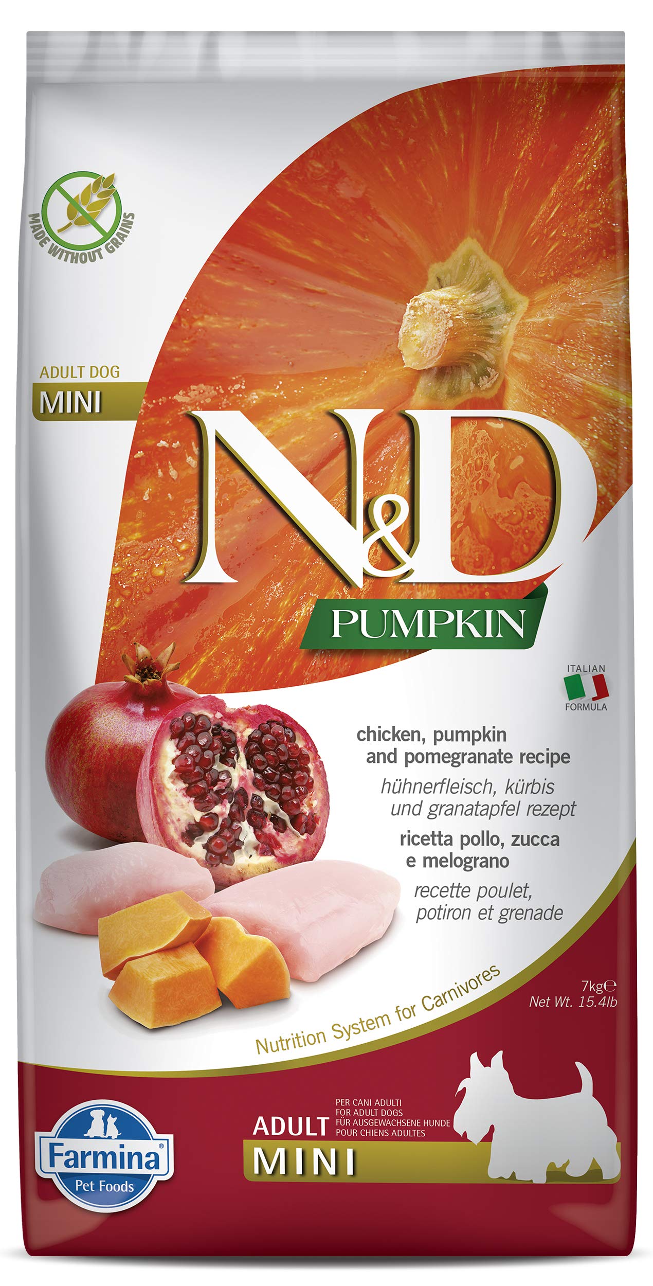 Farmina N&D mini chicken pumpkin kibble bag, grain free nutrition for small dogs.