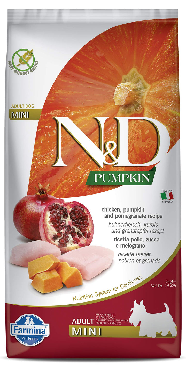 Farmina N&D mini chicken pumpkin kibble bag, grain free nutrition for small dogs.