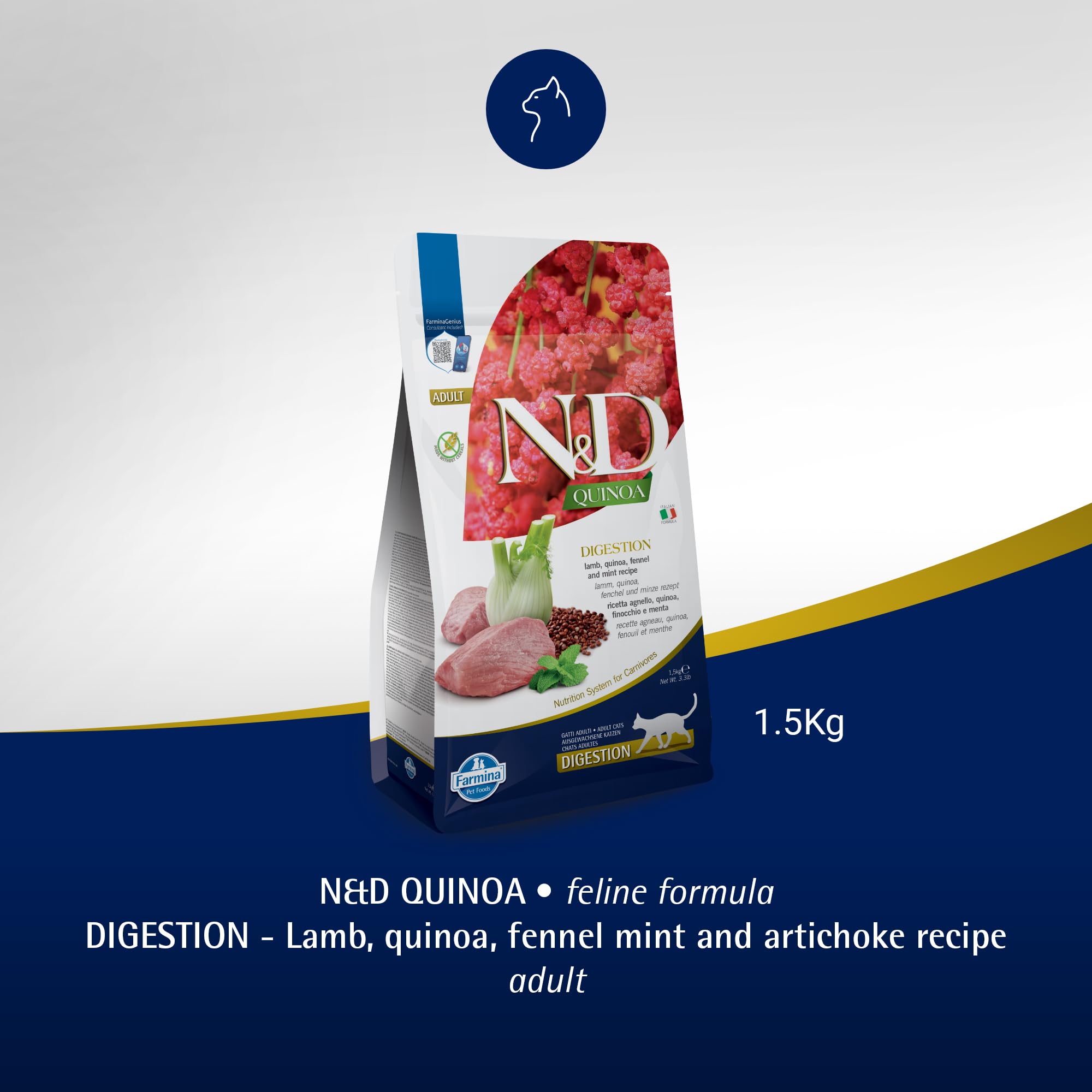 Farmina N&D Quinoa Digestion Lamb packaging side view for quick overview.