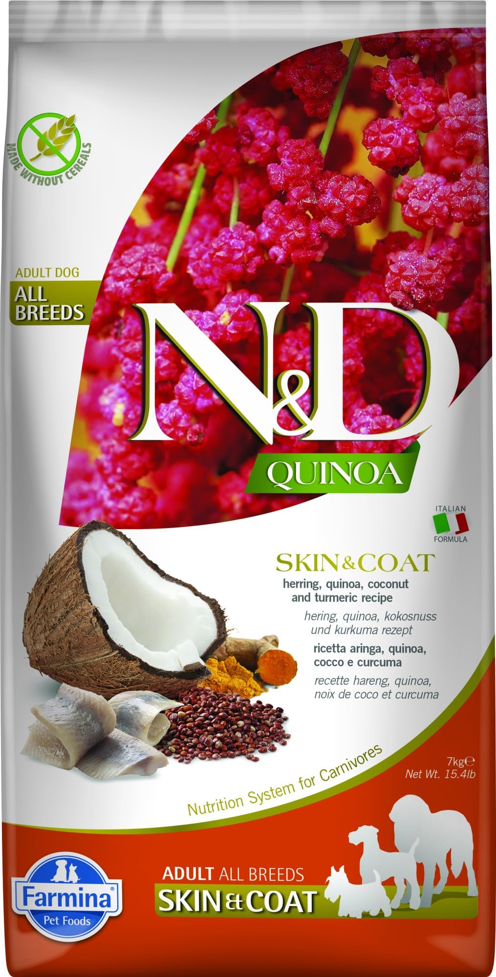 Farmina N&D Quinoa Skin & Coat Herring dry dog food bag front view, grain-free nutrition.
