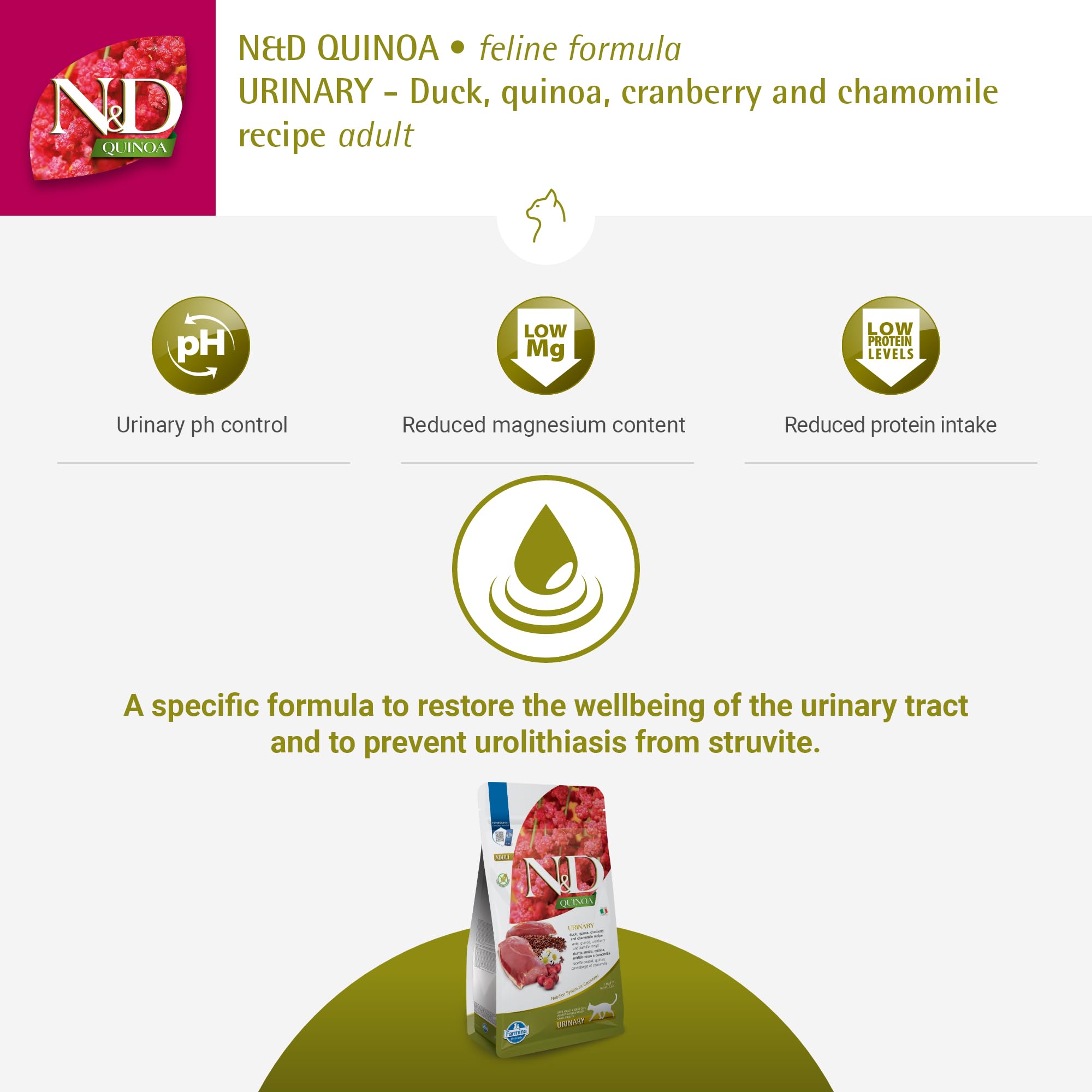 Farmina N&D Quinoa Urinary Duck Formula kibble close-up shows texture and quality