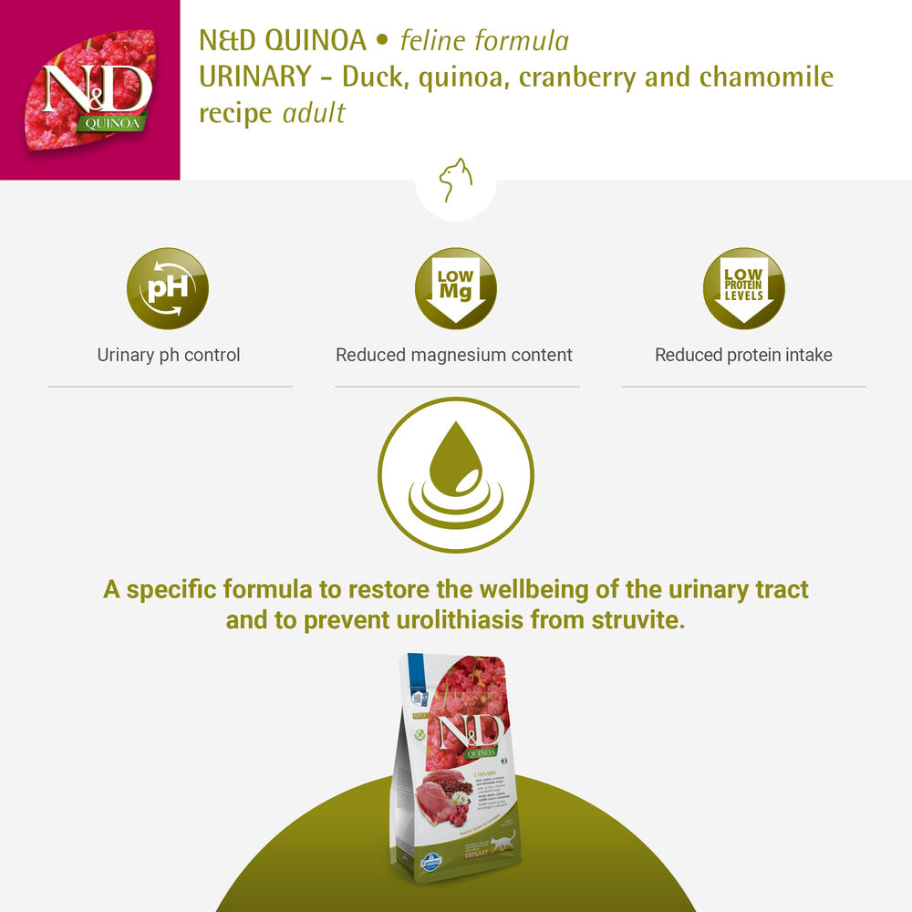 Farmina N&D Quinoa Urinary Duck Formula kibble close-up shows texture and quality