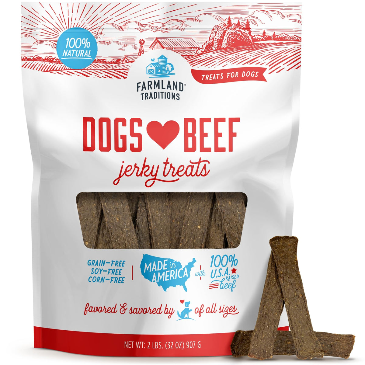 Farmland Traditions beef jerky dog treats pack front showing premium USA beef