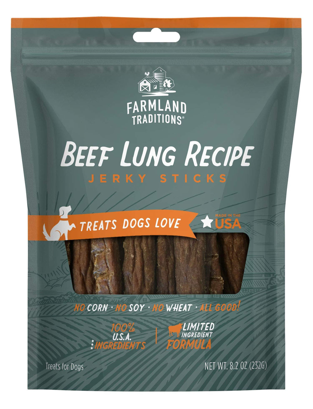 Farmland Traditions beef lung jerky treats in a bag; ideal high-protein reward for training.