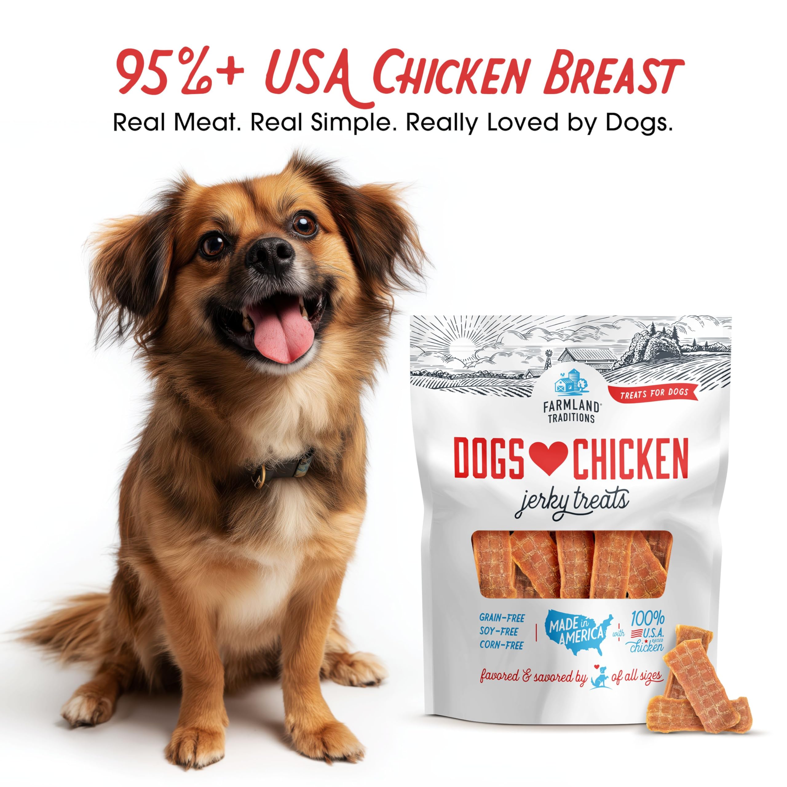 Farmland Traditions chicken jerky close-up highlights limited ingredients for sensitive dogs.
