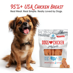 Farmland Traditions chicken jerky close-up highlights limited ingredients for sensitive dogs.