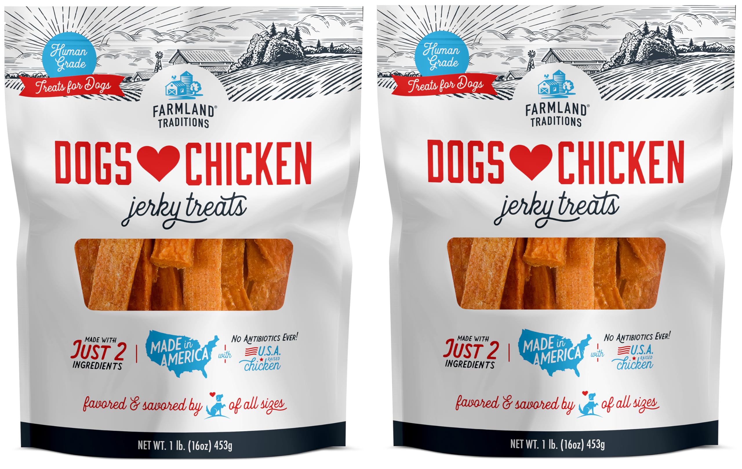 Farmland Traditions chicken jerky pack-2 bags shown for training rewards