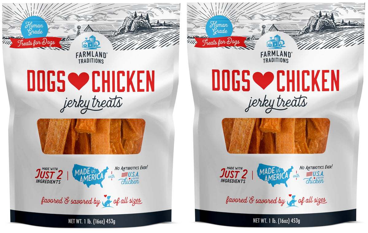 Farmland Traditions chicken jerky pack-2 bags shown for training rewards
