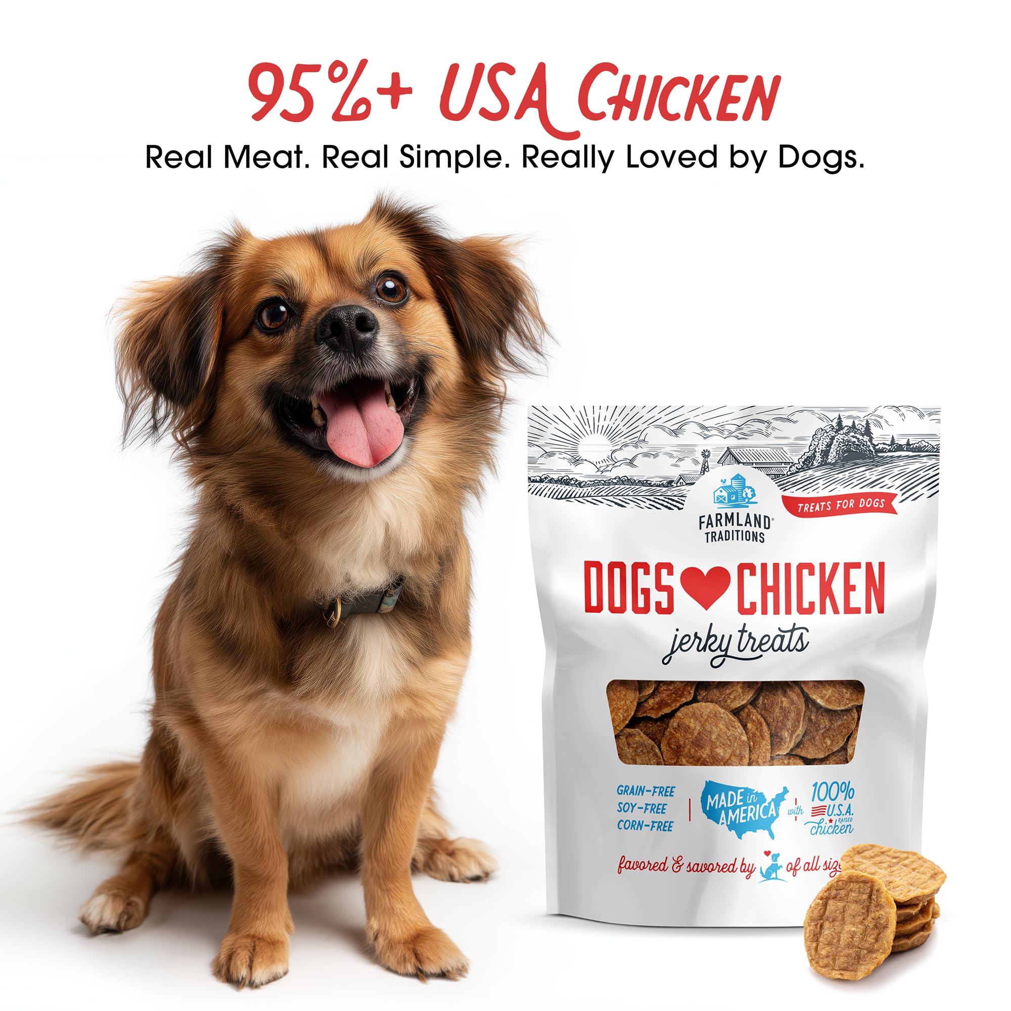 Farmland Traditions chicken jerky slices closeup showing simple three-ingredient formula.