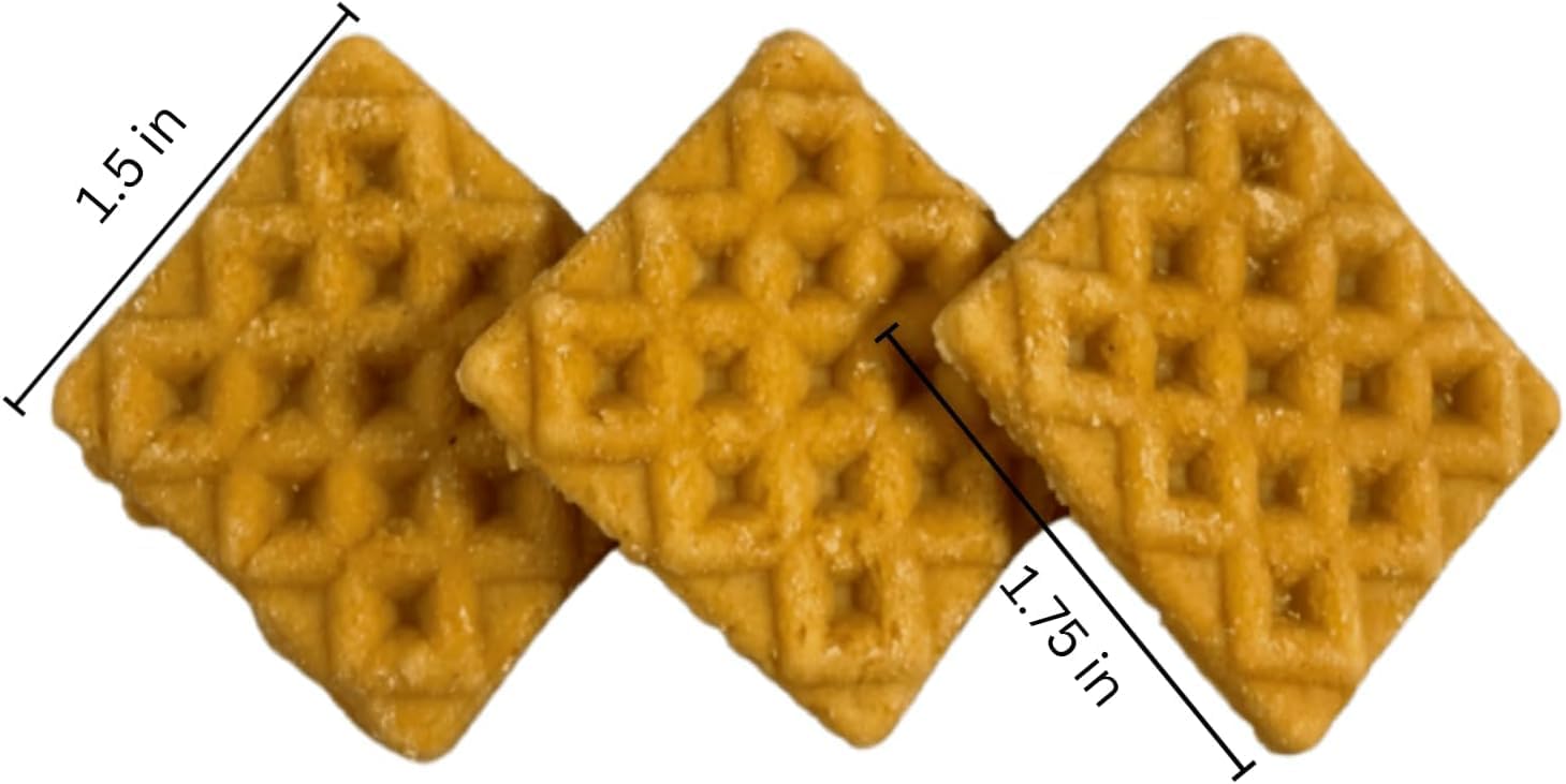 Farmland Traditions Chicken & Waffle Bites texture closeup; tender, easy-chew bites for puppies to seniors.