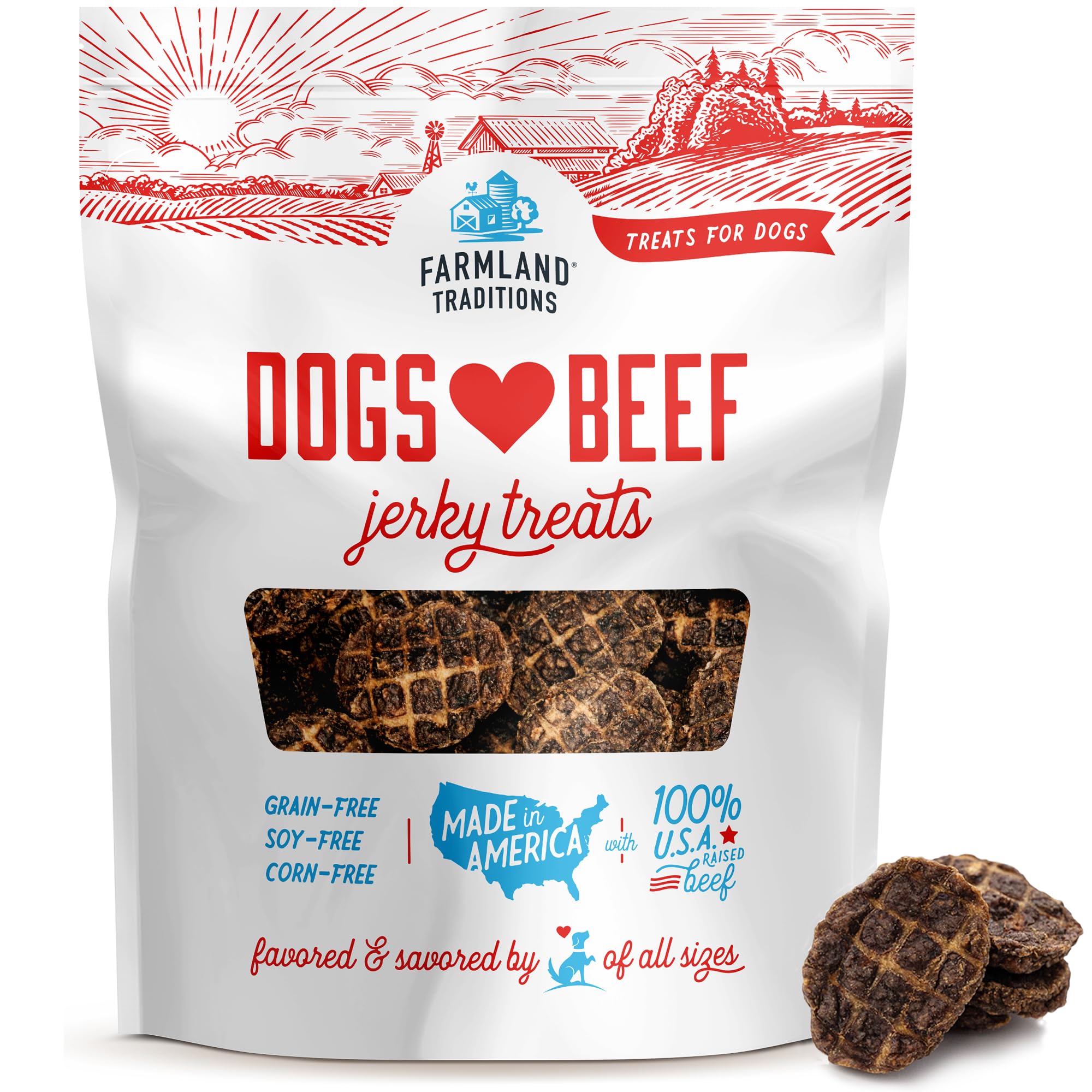 Farmland Traditions beef jerky dog treats showcasing simple ingredients and training use.