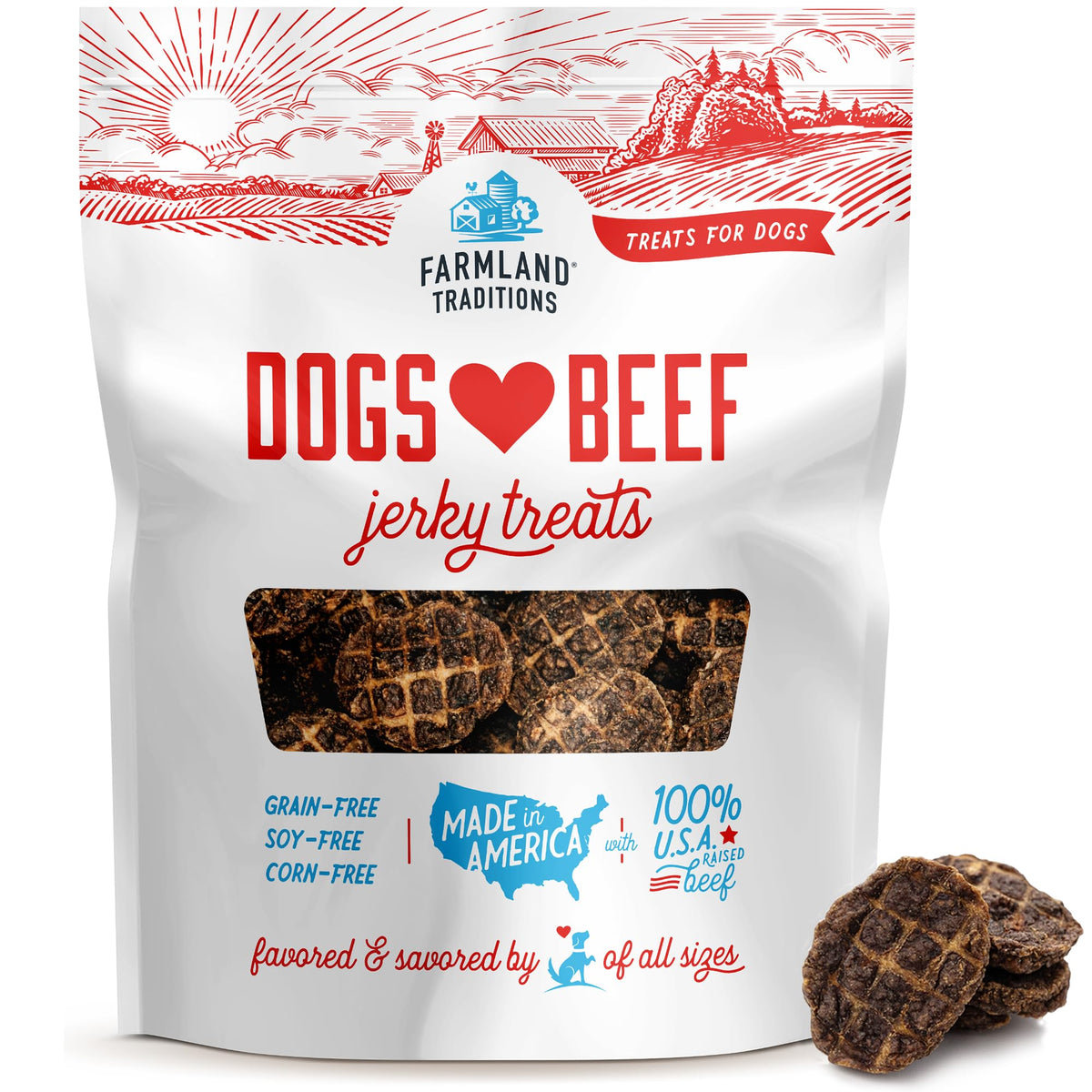 Farmland Traditions beef jerky dog treats showcasing simple ingredients and training use.