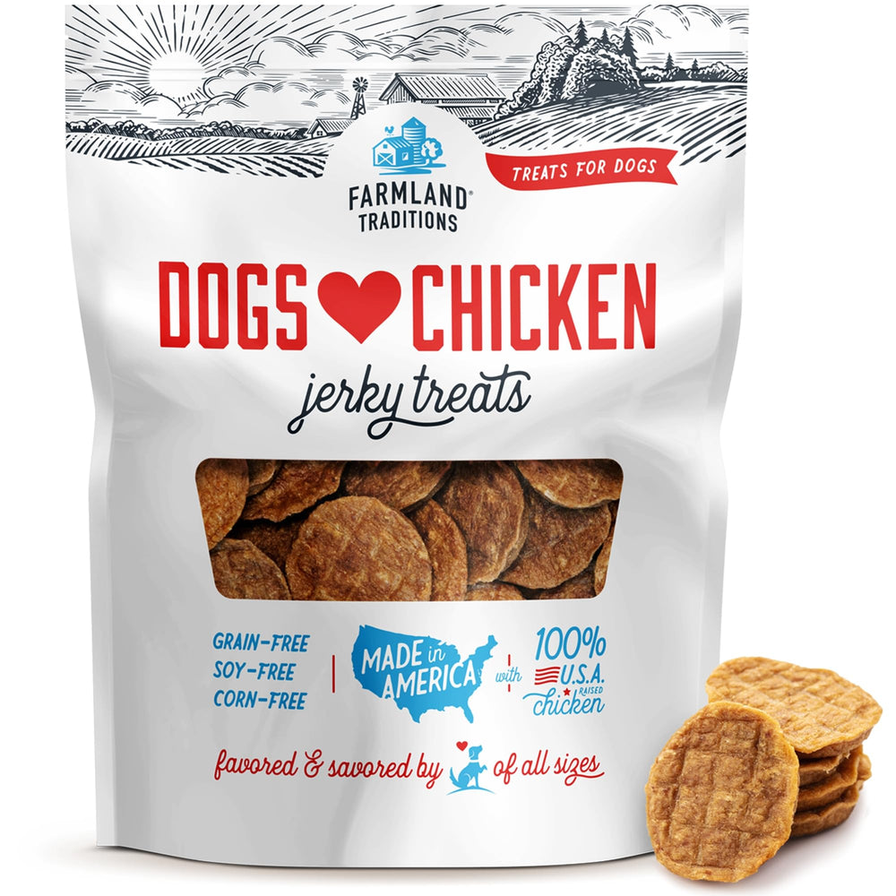 Farmland Traditions Dogs Love Chicken Jerky 2 lb pack; 3-ingredient, no fillers.