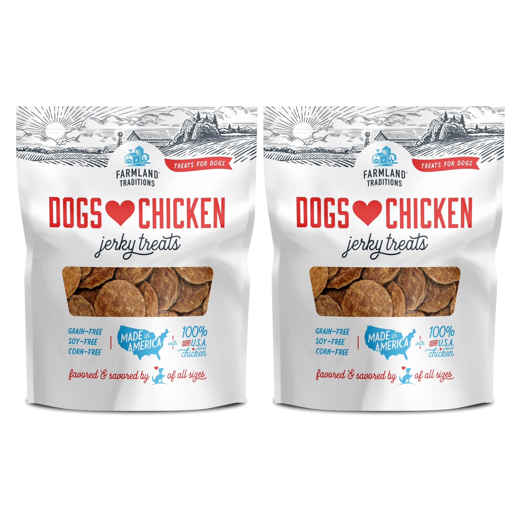 Farmland Traditions Dogs Love Chicken Jerky packaging highlights premium USA-sourced ingredients.