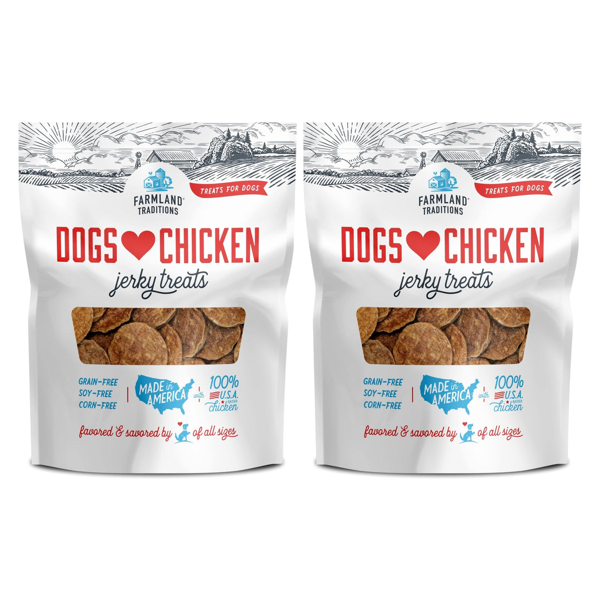 Farmland Traditions Dogs Love Chicken Jerky packaging highlights premium USA-sourced ingredients.