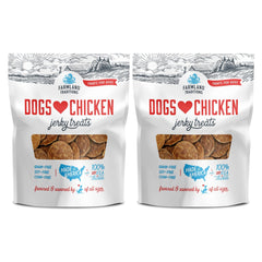 Farmland Traditions Dogs Love Chicken Jerky packaging highlights premium USA-sourced ingredients.