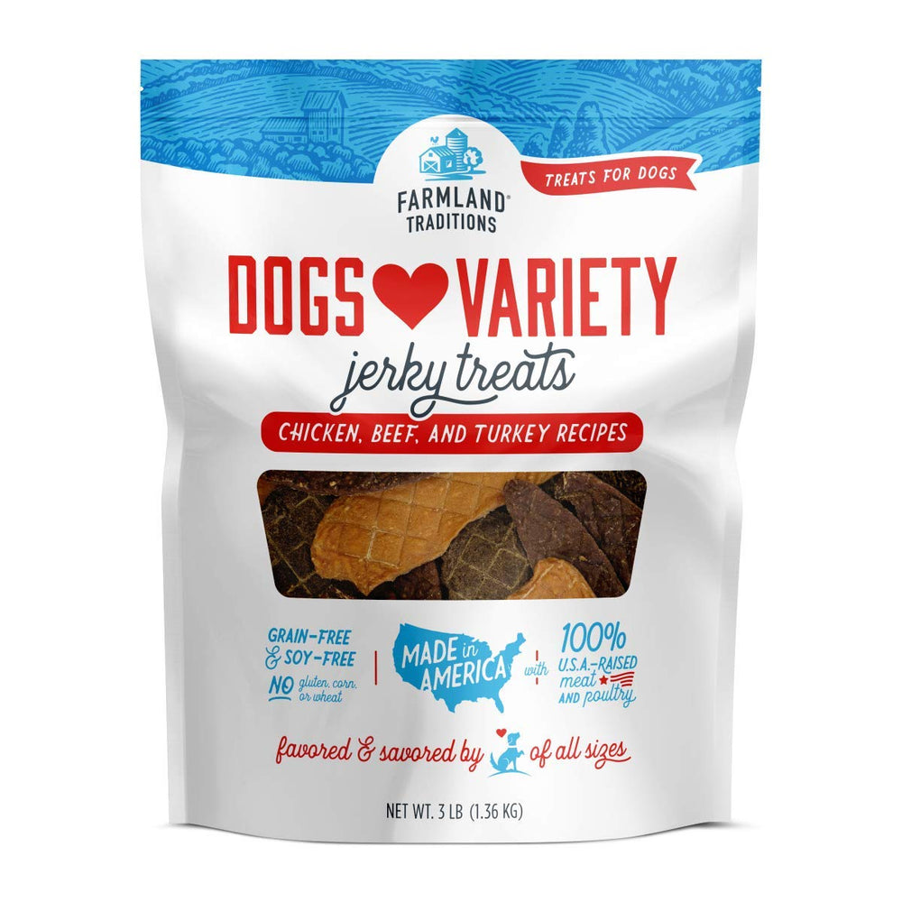 Farmland Traditions Dogs Love Jerky bag front showcases premium dog treats