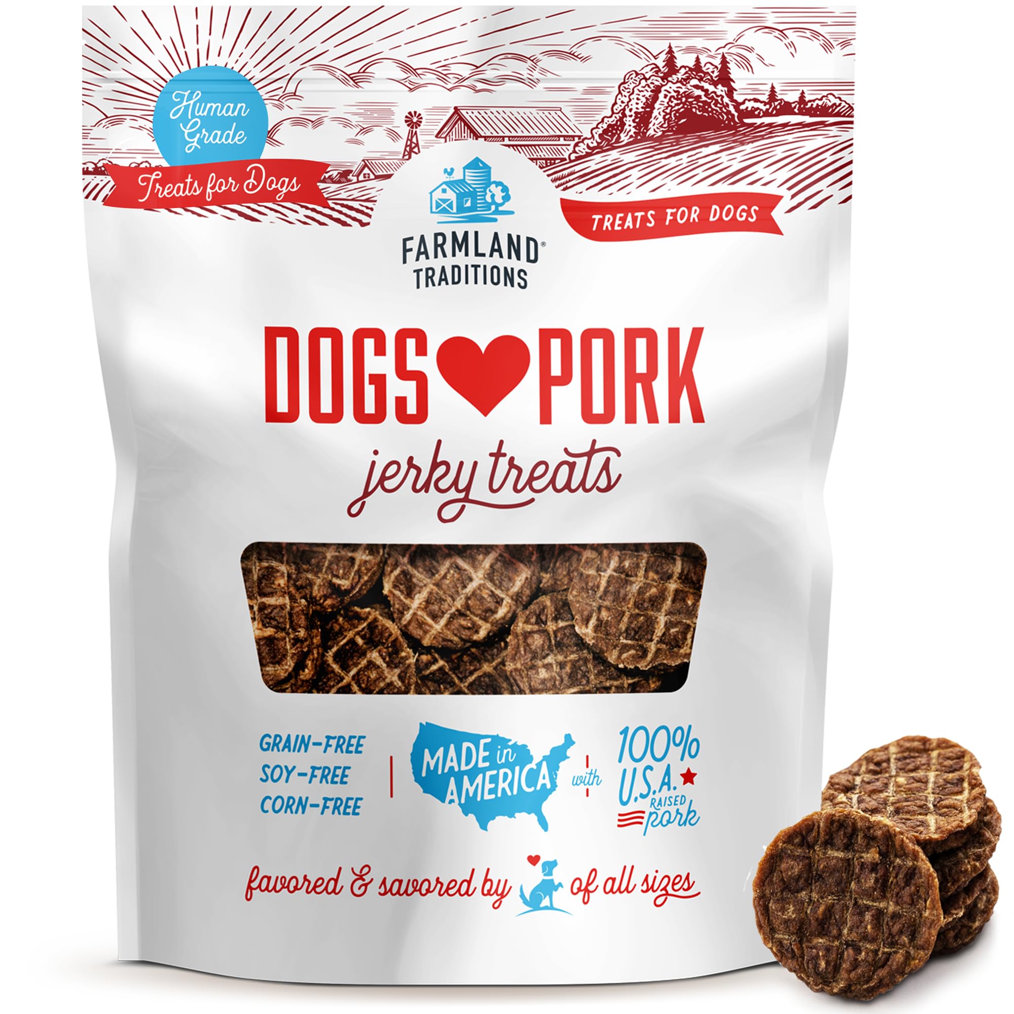 Farmland Traditions pork jerky pack shown for versatile dog rewards across all sizes