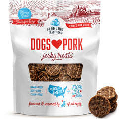 Farmland Traditions pork jerky pack shown for versatile dog rewards across all sizes