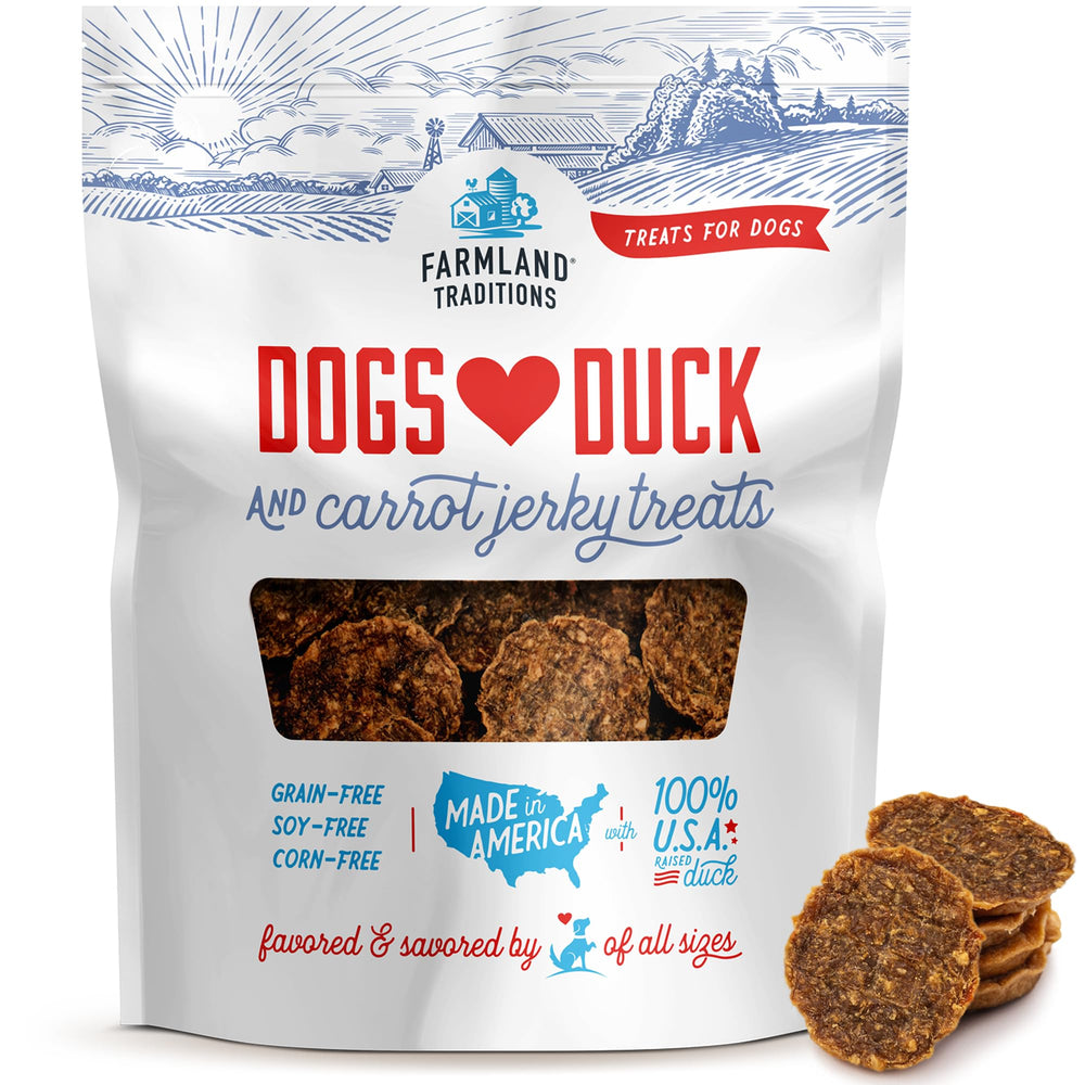 Farmland Traditions Duck & Carrot jerky bag highlighting premium ingredients and USA-made quality.