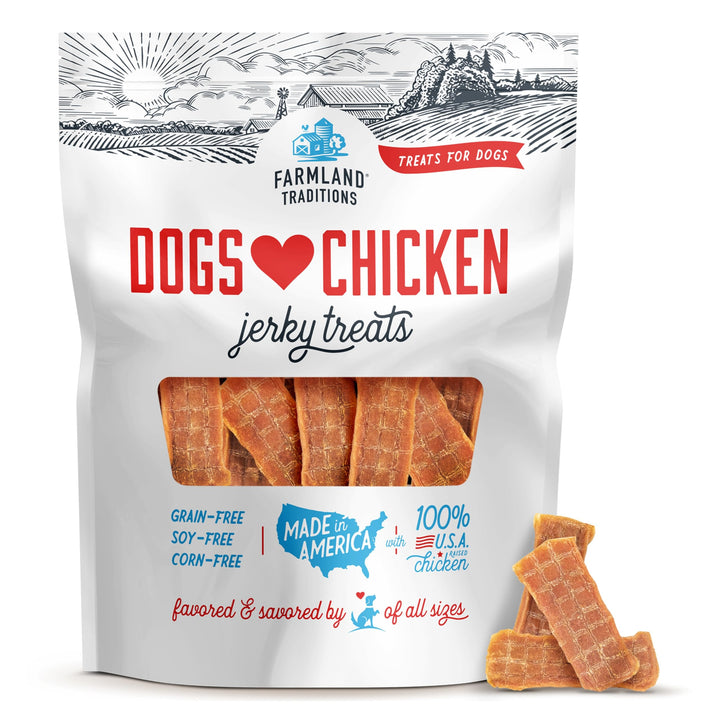 Farmland Traditions filler-free chicken jerky packaging, ideal for premium training rewards.