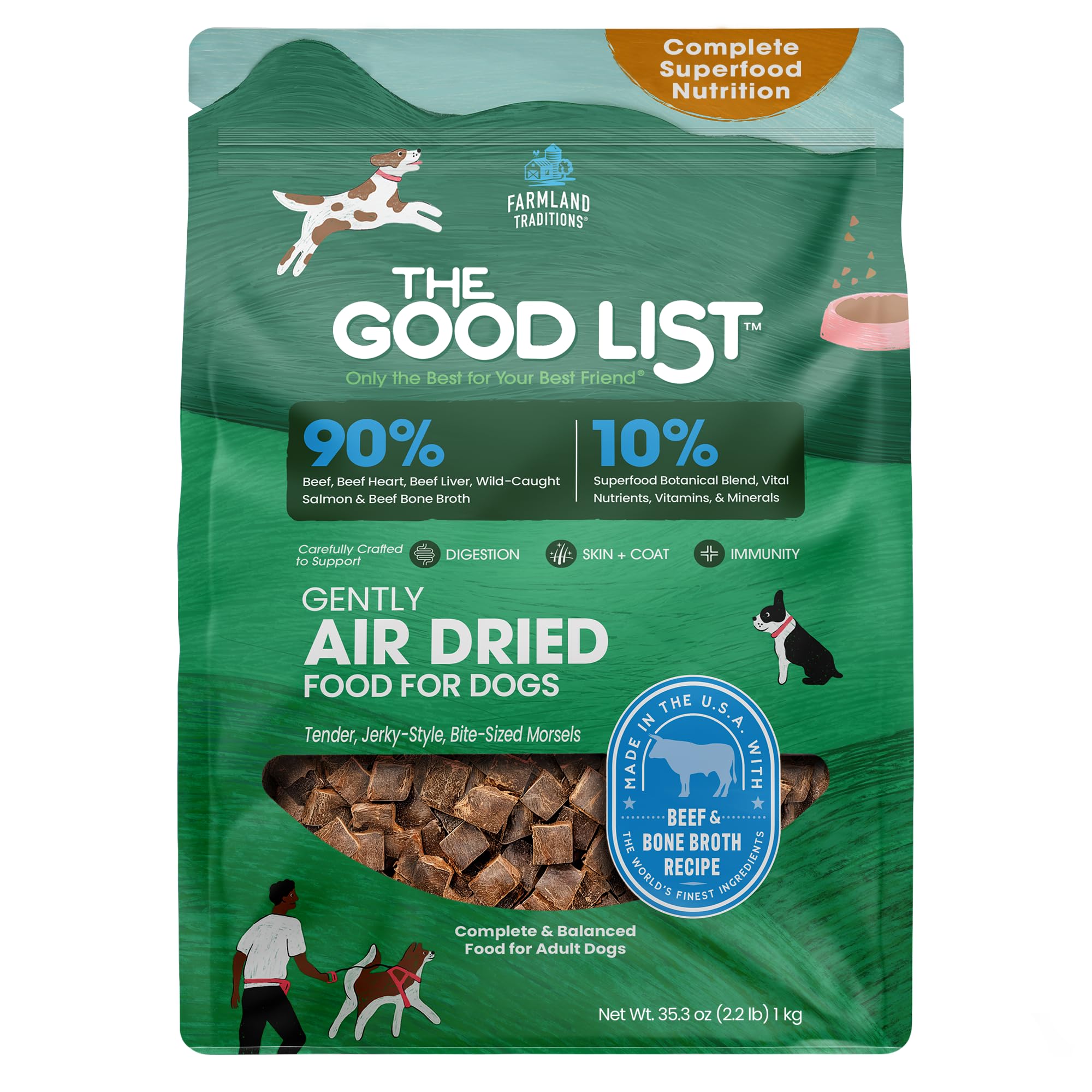 Farmland Traditions Good List air-dried dog food bag highlighting protein-rich formula for vibrant coats.