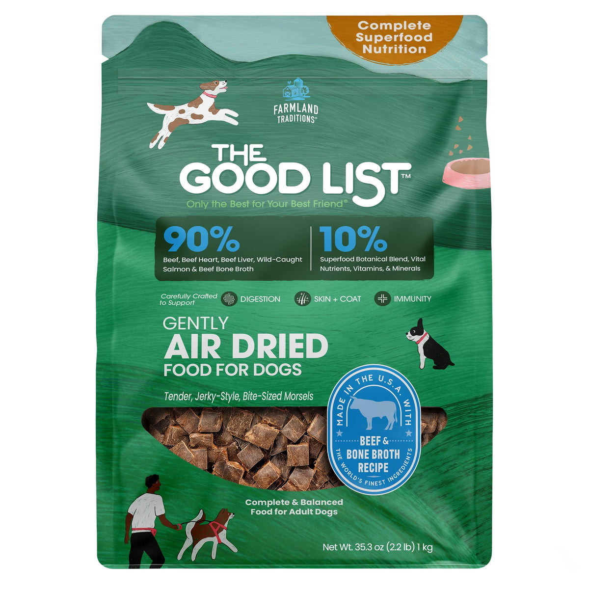 Farmland Traditions Good List air-dried dog food bag highlighting protein-rich formula for vibrant coats.