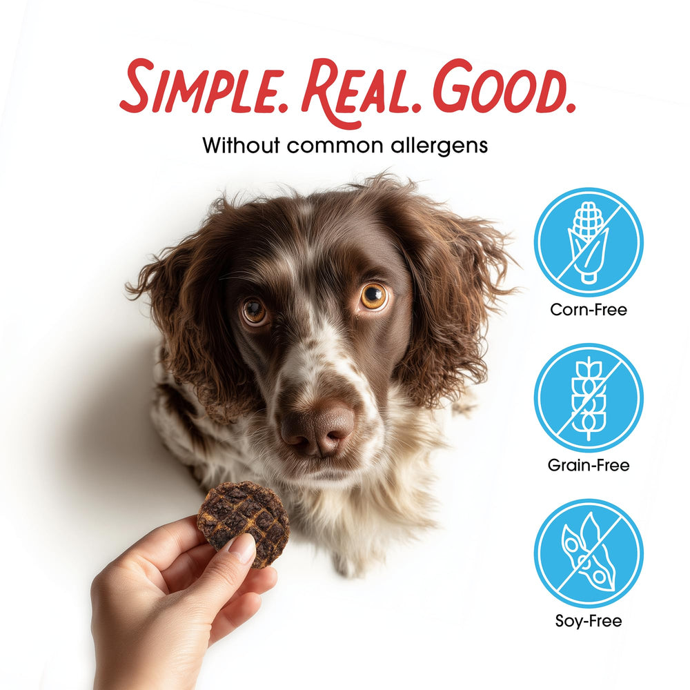 Farmland Traditions no-fillers grain-free jerky, free from common allergens.