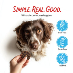 Farmland Traditions no-fillers grain-free jerky, free from common allergens.