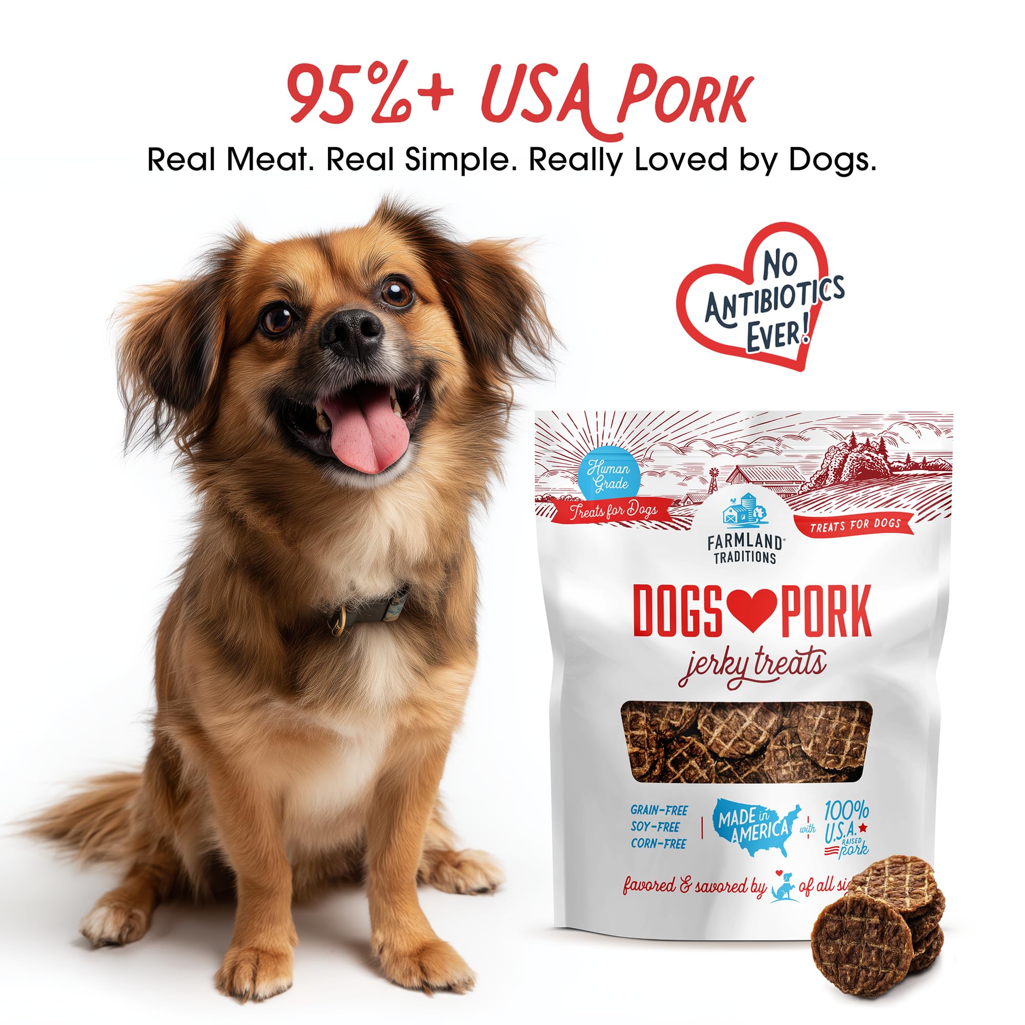 Farmland Traditions premium dog jerky closeup highlighting savory pork flavor