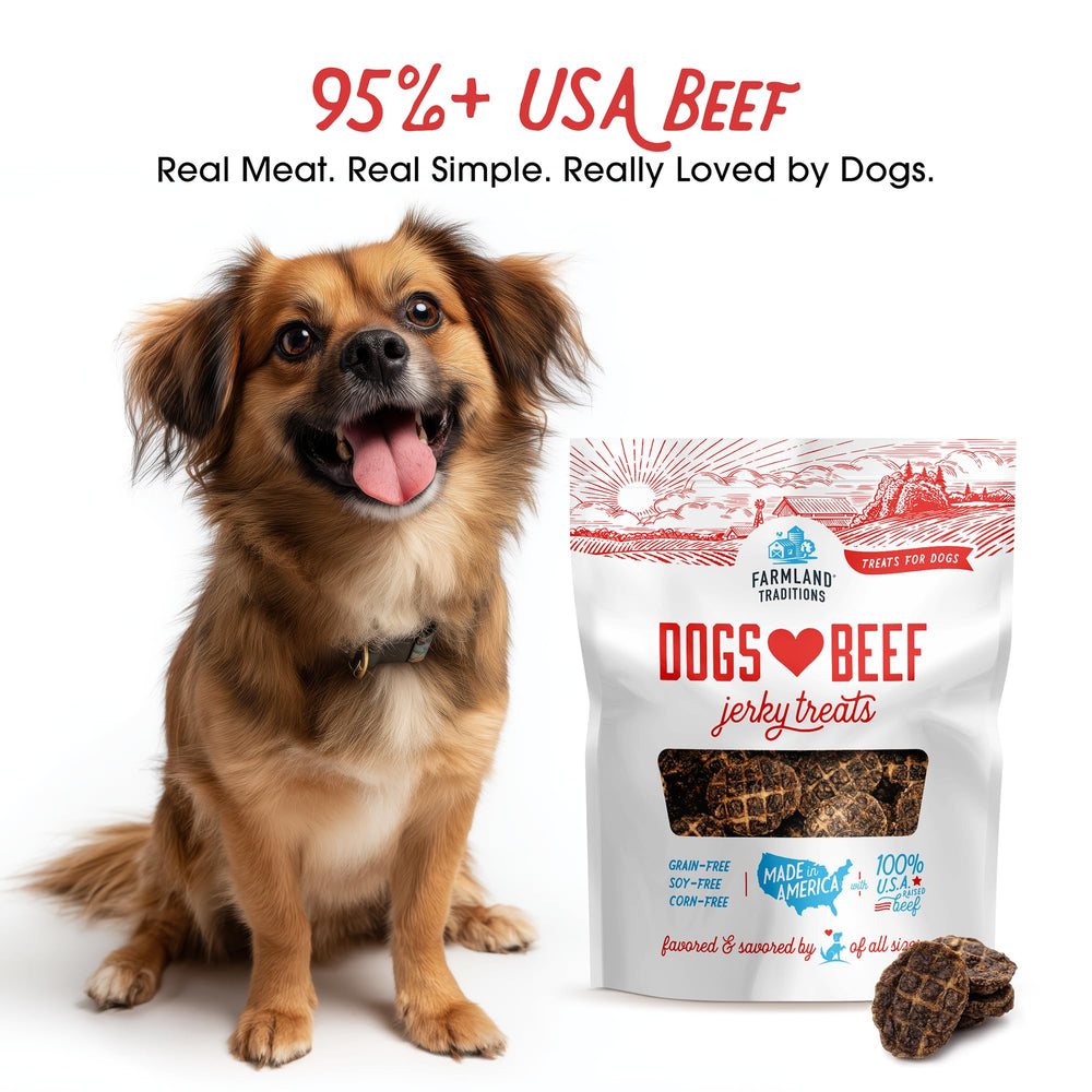 Farmland Traditions three-ingredient beef jerky for dogs, grain-free snack.